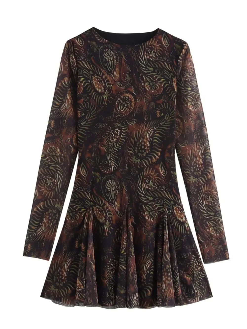 Long Sleeve Paisley Print Black and Brown mini Dress